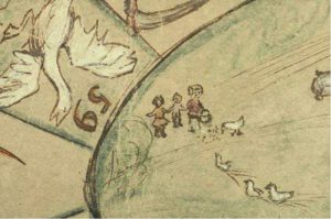 The nasty goose is a symbol for the Japanese, the ducks are symbols for the oppressed Dutch and Indonesians